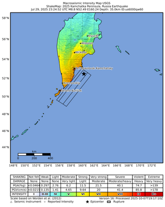 Russia Magnitude 8.8 Earthquake Triggers Pacific Tsunamis, July 30, 2025